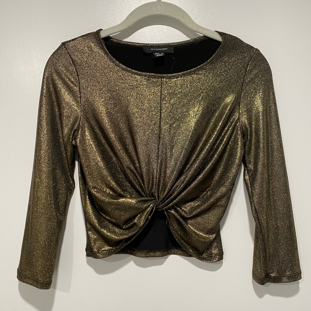 Atmosphere primark gold shimmer knot crop top 3/4 sleeve. Size 6. NWOT